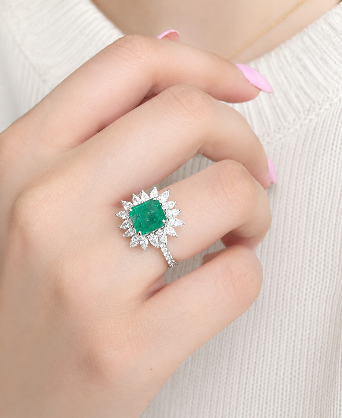 Cushion Cut Green Emerald With Diamond Ring (ARJS2565)