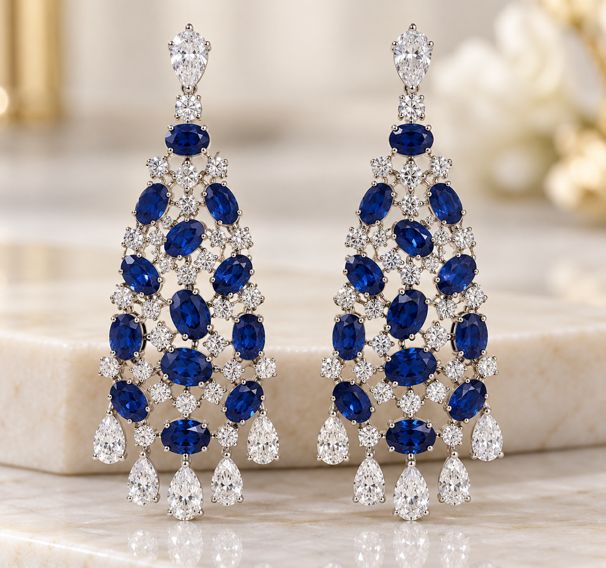 Pear & Round With Blue Oval Sapphire Diamond Earring (ARJS4373)