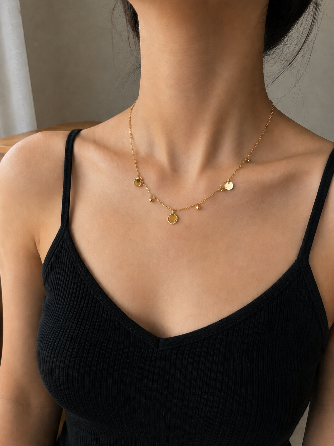 18K Gold Delicate Tri-Color Charm Necklace (GJEW150)