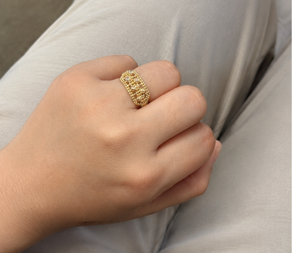18k Gold Beaded Mesh Tri-Tone Ring (GJEW312)