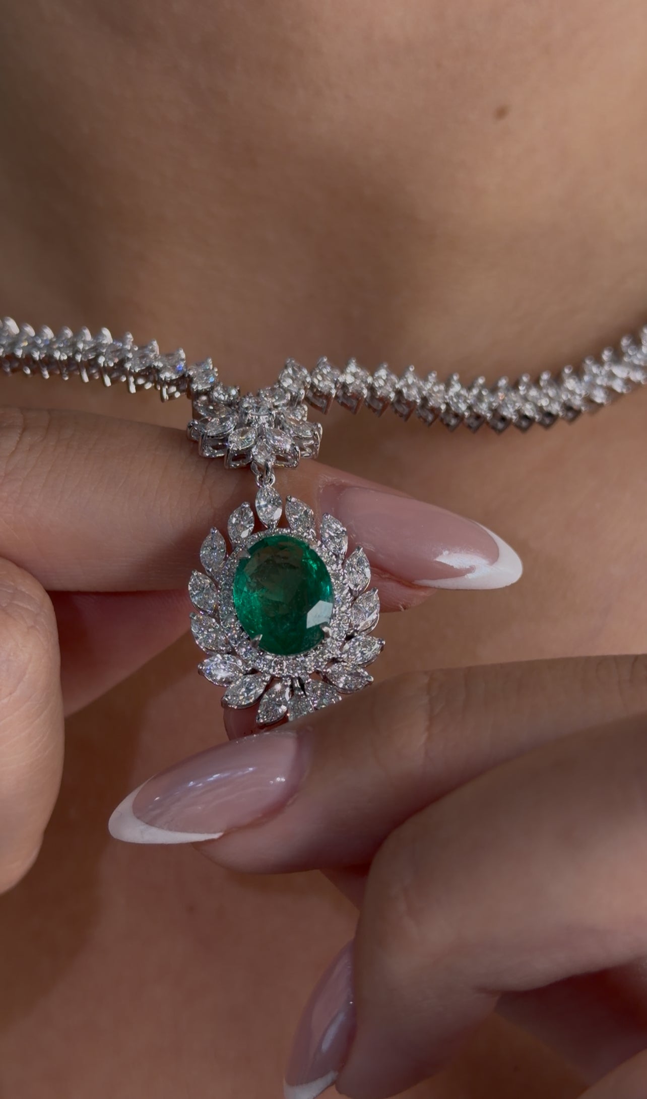 Oval Emerald & Marquise Diamond Floral Drop Necklace (ARJS4133)