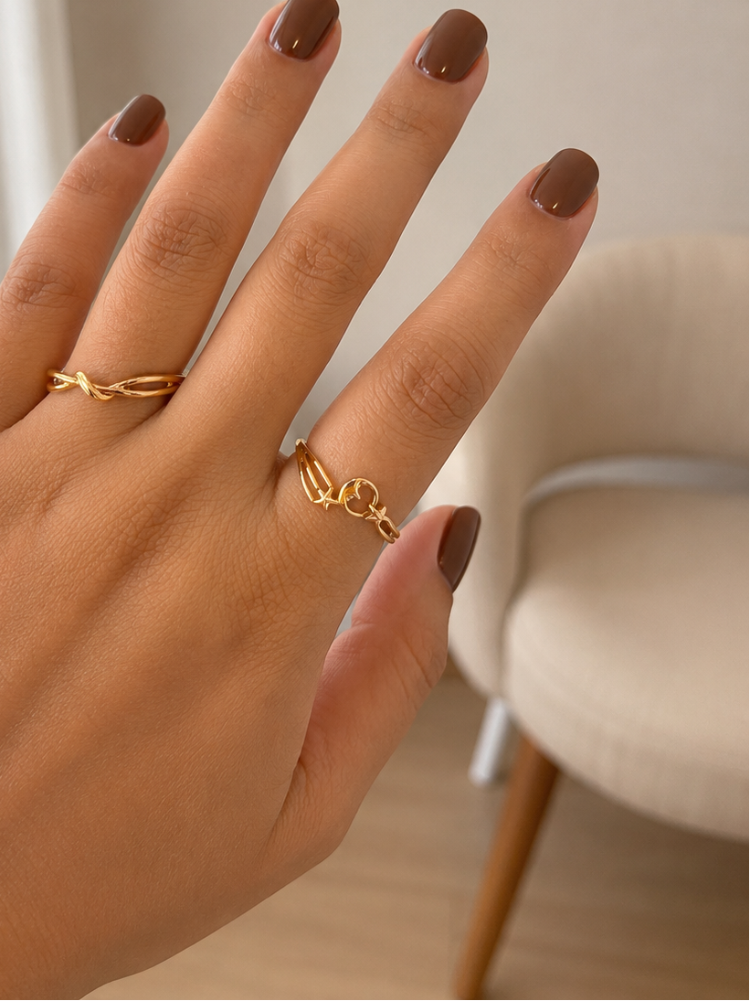18k Gold Celestial Moon & Star Open Ring(GJEW90)