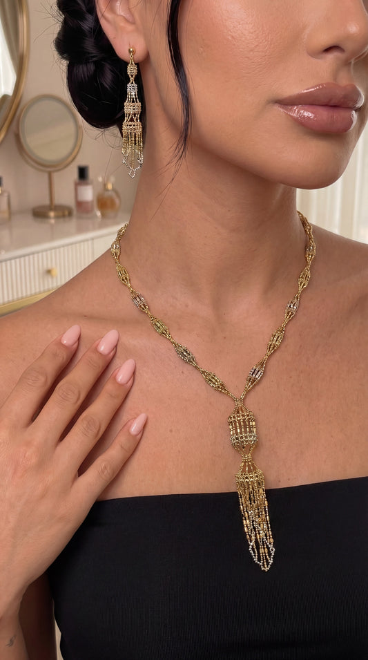 18k Gold Intricate Tri-Color Beaded Tassel Necklace (GJEW340)