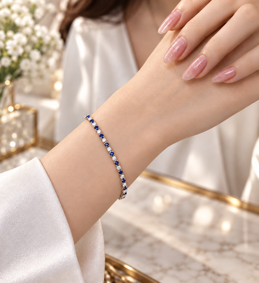 Round Cut Natural Diamond and Sapphire Tennis Bracelet (ARJS4148)