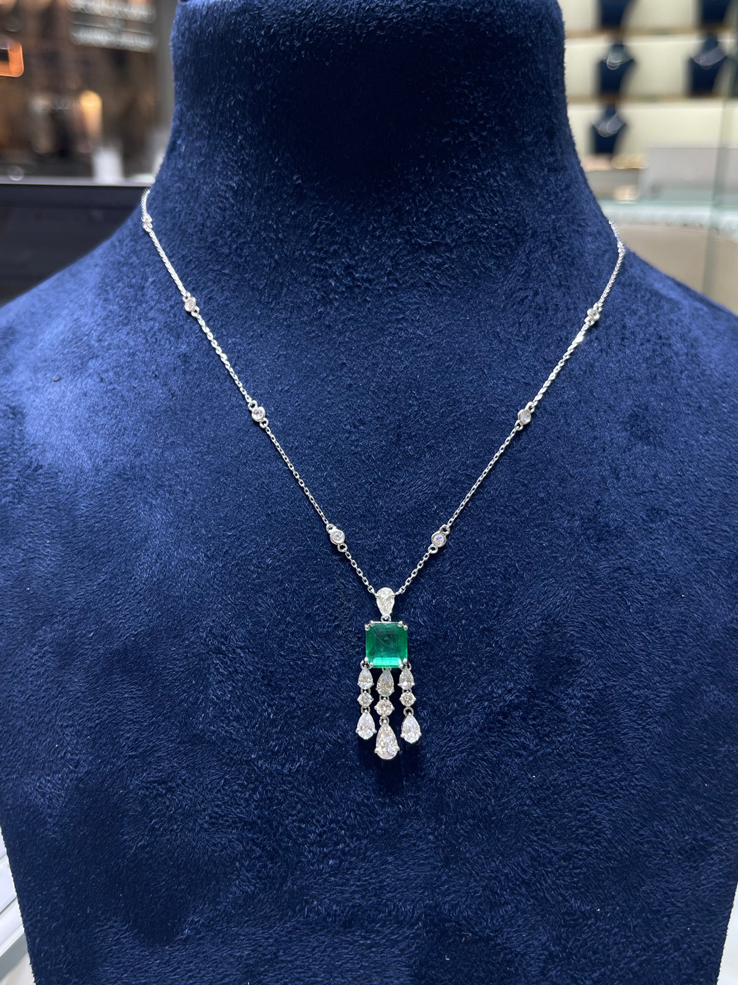 Green Emerald Cushion with Pear Dangling Diamond Pendant (ARJS4126)