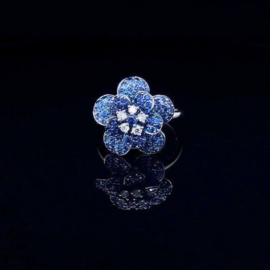 Blue Sapphire Flower Design with Diamond Ring (ARJS3644)