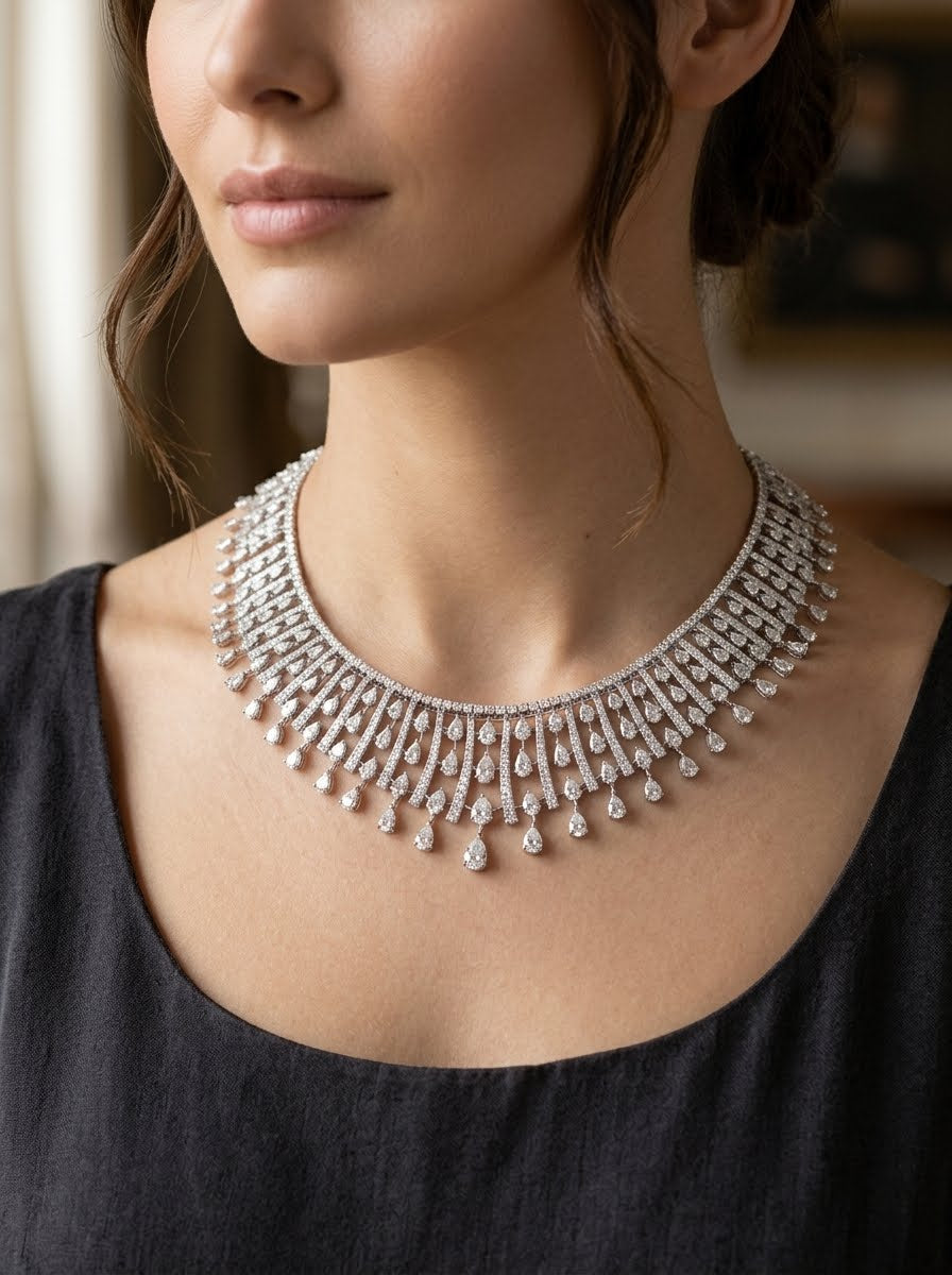 Pear & Round Gratuation Big Diamond Necklace (ARJS4347)