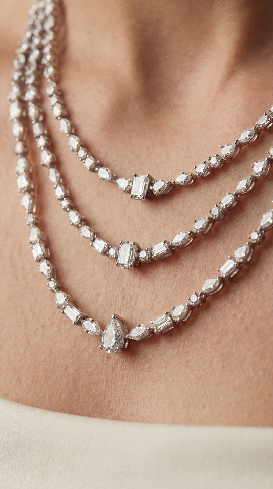 Pear , Emerald & Oval Layered Diamond Necklace (ARJS3591)