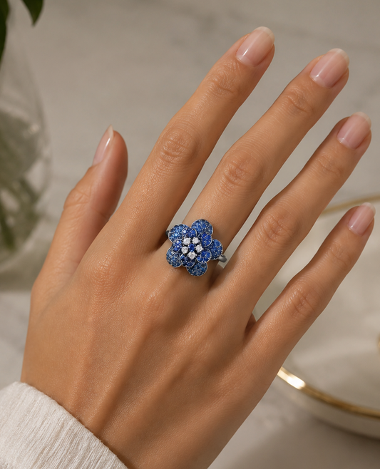 Blue Sapphire Flower Design with Diamond Ring  (ARJS3644)