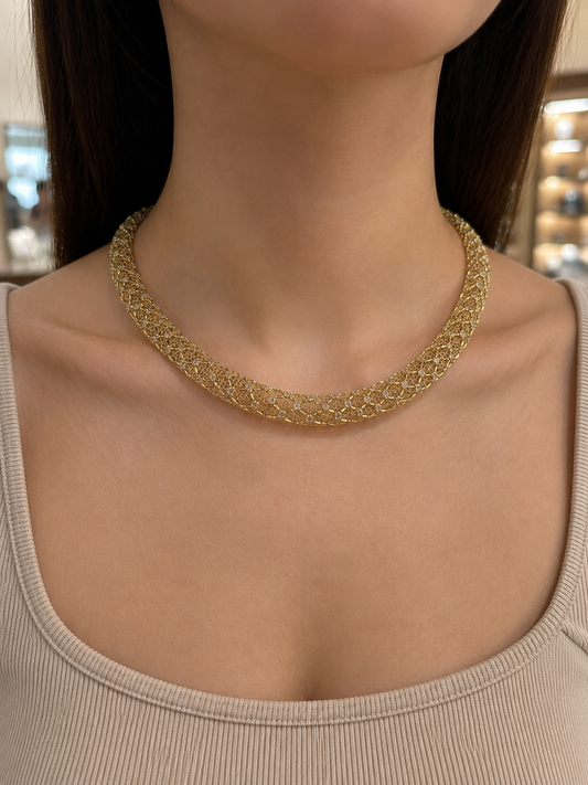 18K Gold Mesh Tri-color Choker Necklace (GJEW341)