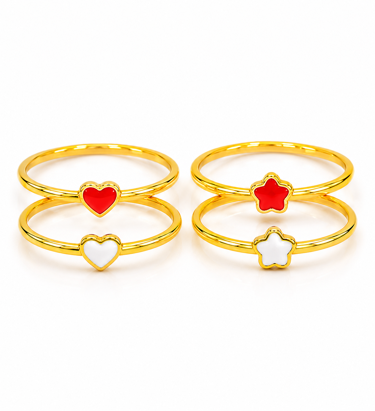 18K Gold Enamel Ring Set – Heart & Clover Minimalist Stack Rings