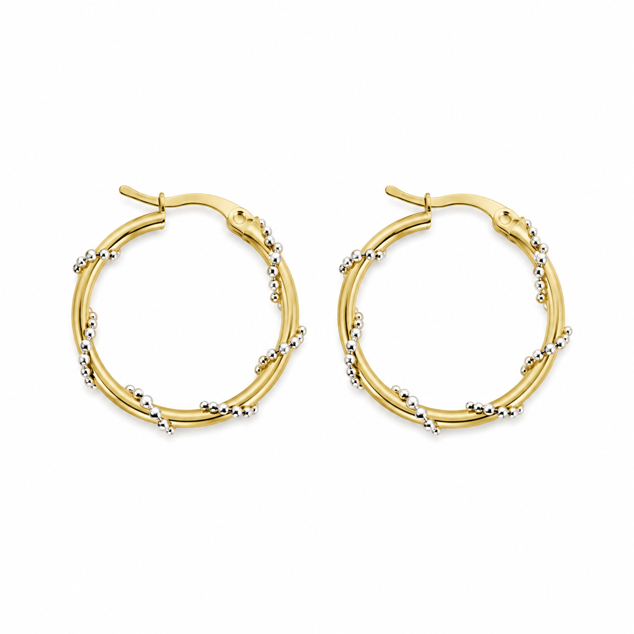 18K Gold Hoop Earrings with White Gold Bead Accents (GJEW273)