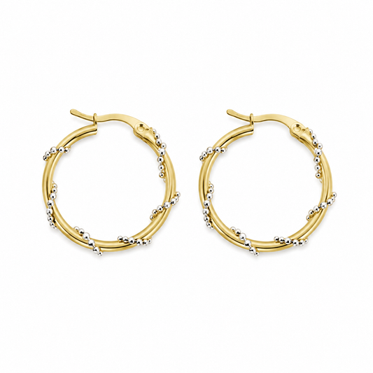 18K Gold Hoop Earrings with White Gold Bead Accents (GJEW273)