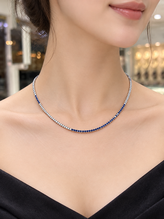 Classic Round Cut Natural Diamond and Blue Sapphire Tennis Necklace (ARJS4144)