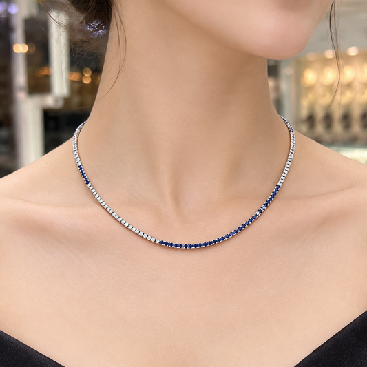 Classic Round Cut Natural Diamond and Blue Sapphire Tennis Necklace (ARJS4144)