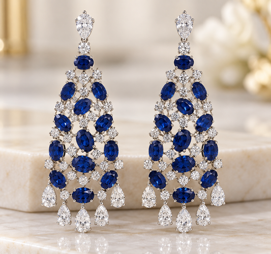 Pear & Round With Blue Oval Sapphire Diamond Earring (ARJS4373)