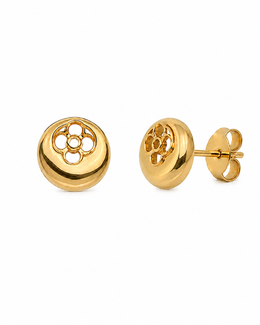 18k Gold Stud Earrings with Floral Cutout Pattern (GJEW235)