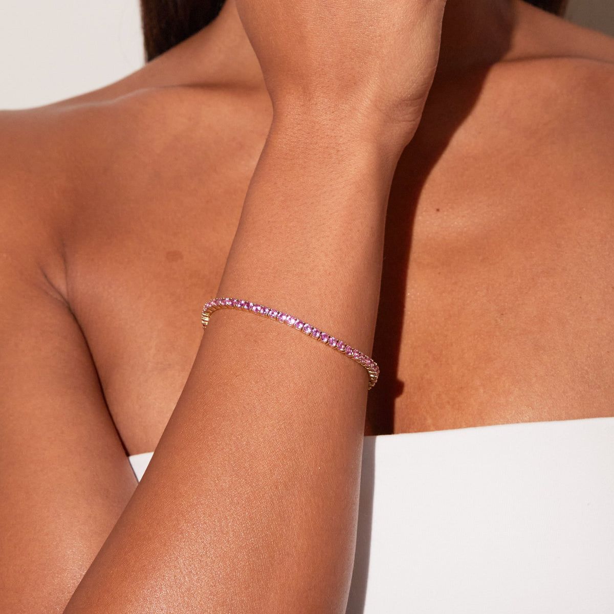 Round Pink Sapphire Tennis Bracelet in Rose Gold (ARJS4146)