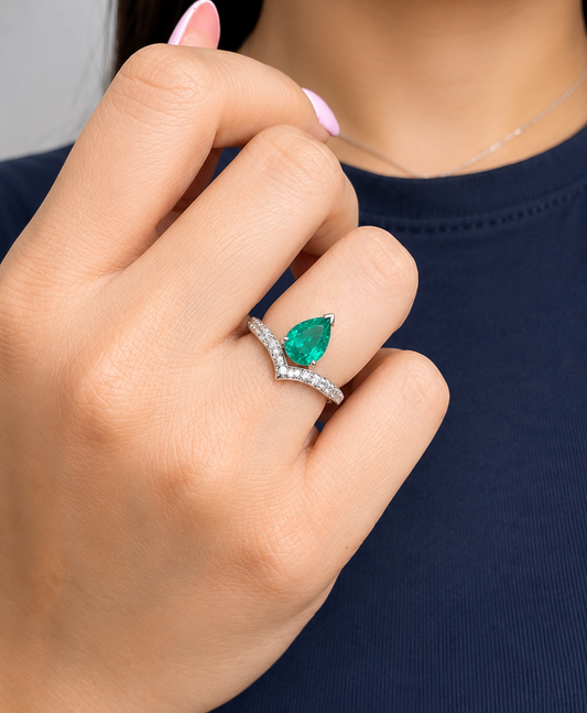 Pear Cut Emerald with Cluster Round Diamond Ring (ARJS2442)