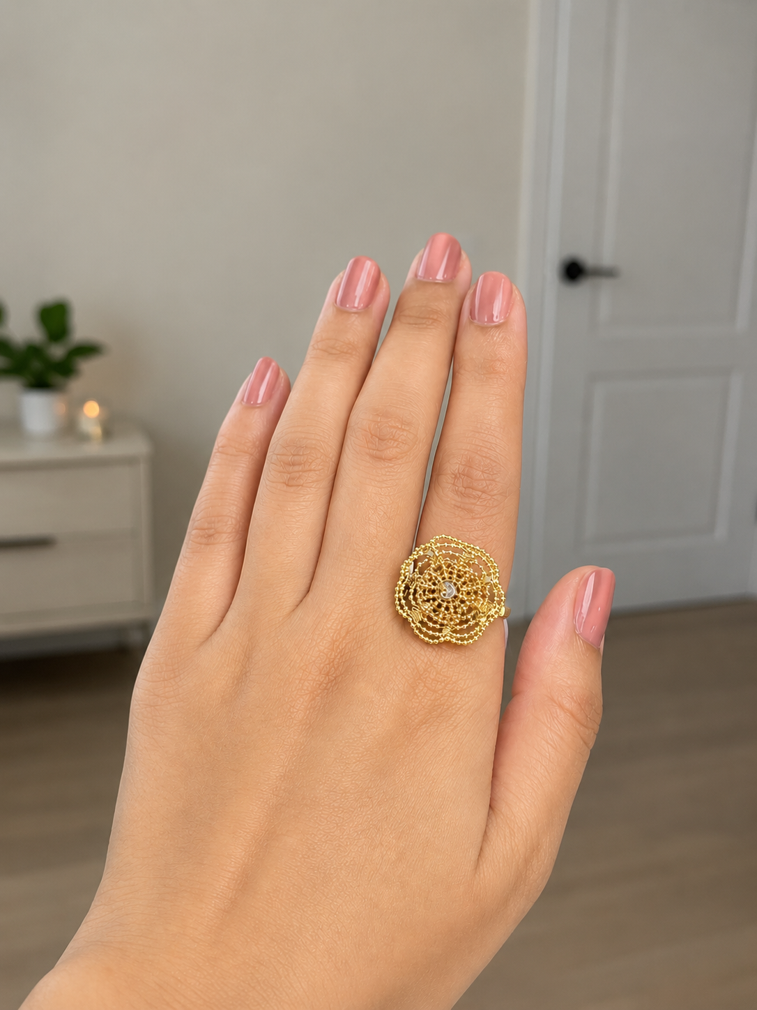 18K Gold Gold Openwork Floral Cocktail Ring (GJEW316)