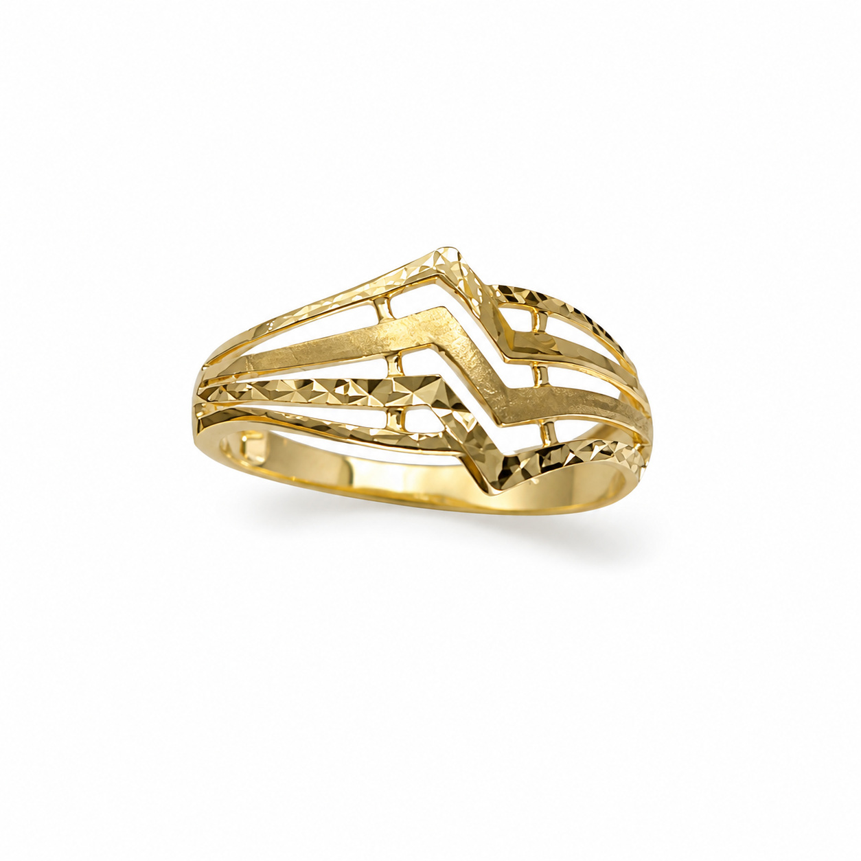 18k Gold Diamond-Cut Openwork V-Shape Band Ring (GJEW259)