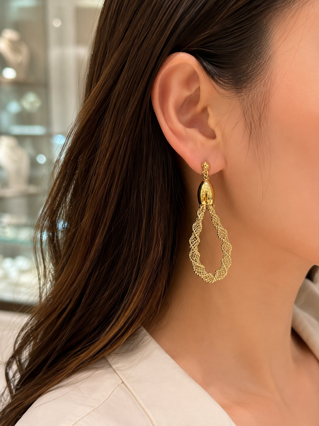 18k Gold Mesh with Rose Gold Accent Statement Earrings (GJEW161)