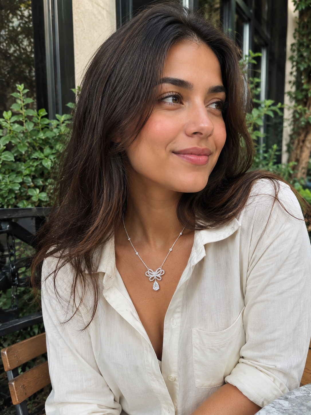 1.5CT Pear With Elegant Diamond Bow Drop Necklace in White Gold (ARJS4089)