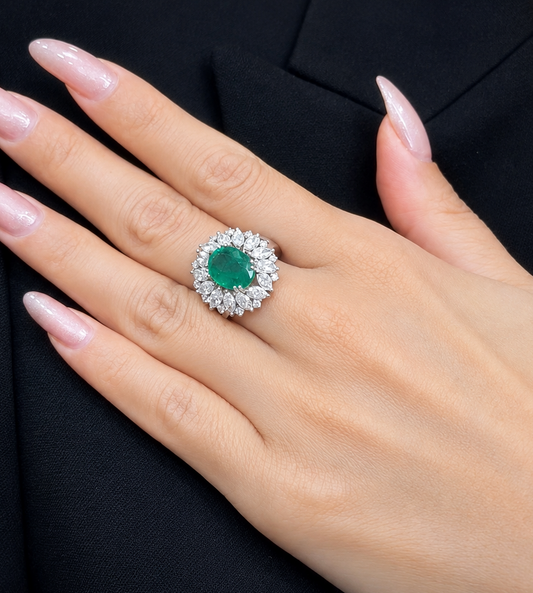 Oval Cut Emerald with Marquise and Round Diamond Ring (ARJS2470)