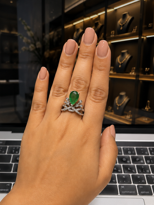 Pear cut Green Emerald Diamond Ring (ARJS2642)