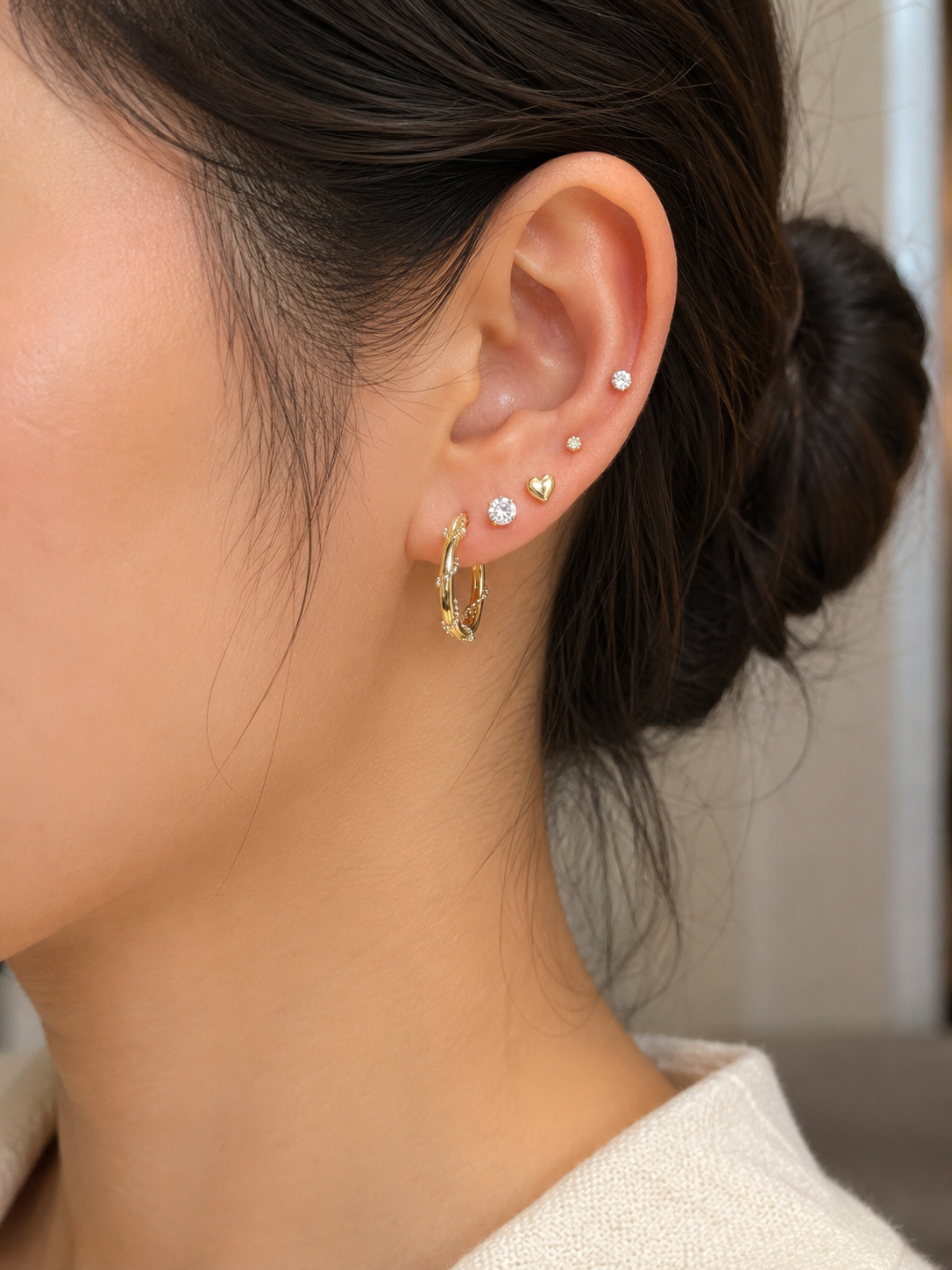 18K Gold Hoop Earrings with White Gold Bead Accents (GJEW273)