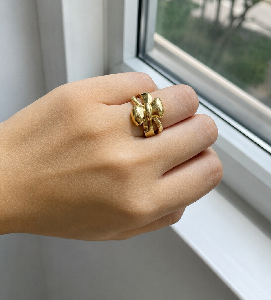 18K Gold Double Loop Bow Ring (GJEW271)