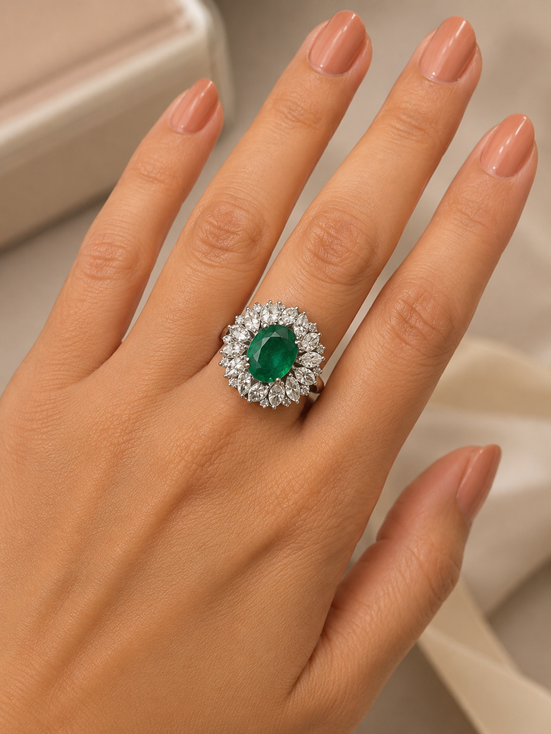 Oval Cut Emerald with Marquise and Round Diamond Ring (ARJS2470)