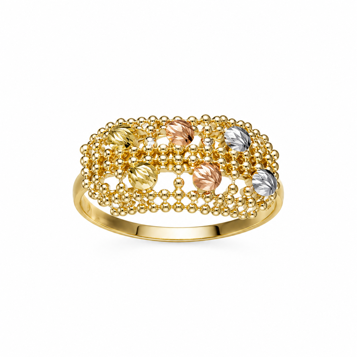 18k Gold Beaded Mesh Tri-Tone Ring (GJEW312)