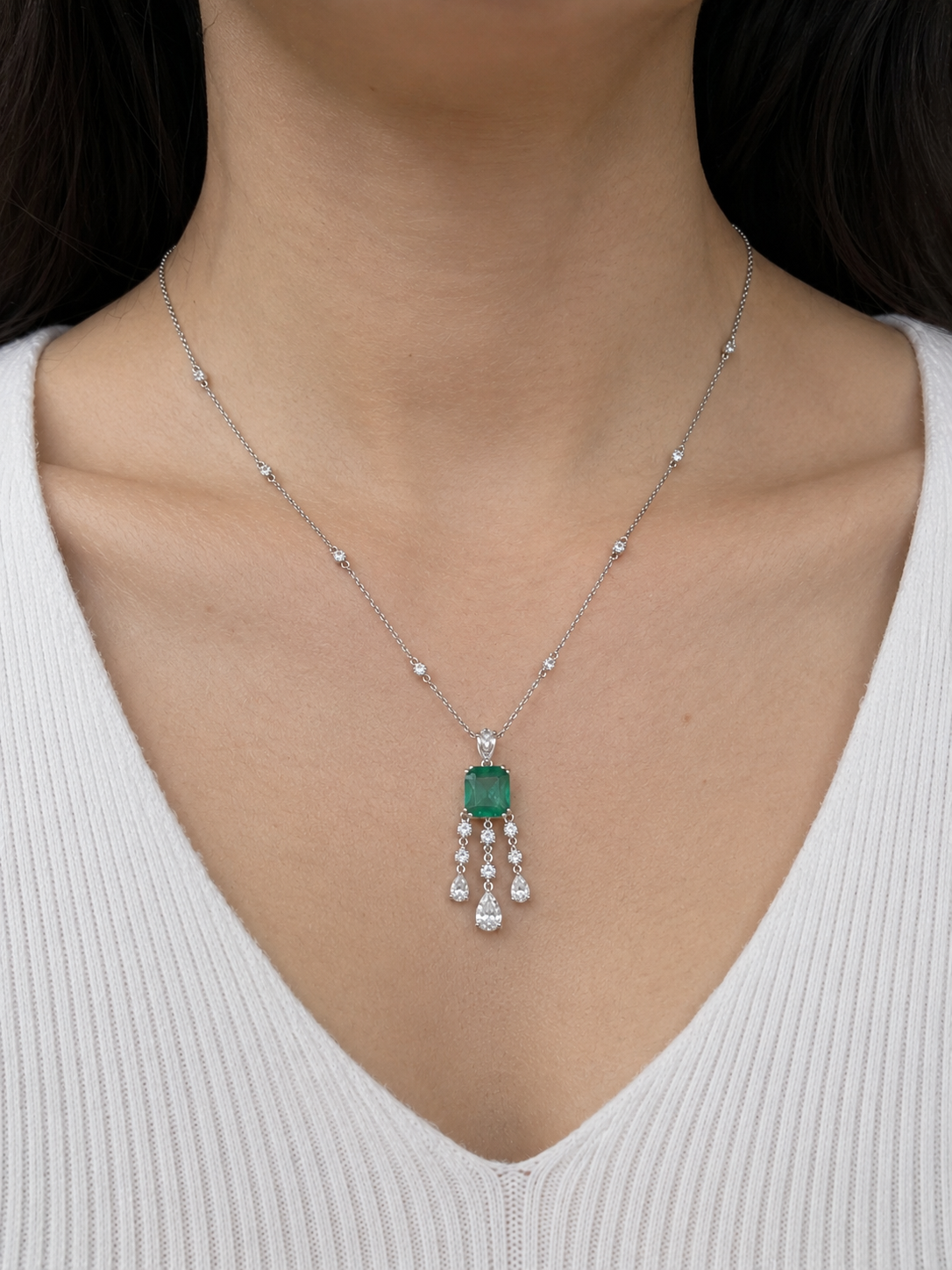 Green Emerald Cushion with Pear Dangling Diamond Pendant (ARJS4126)
