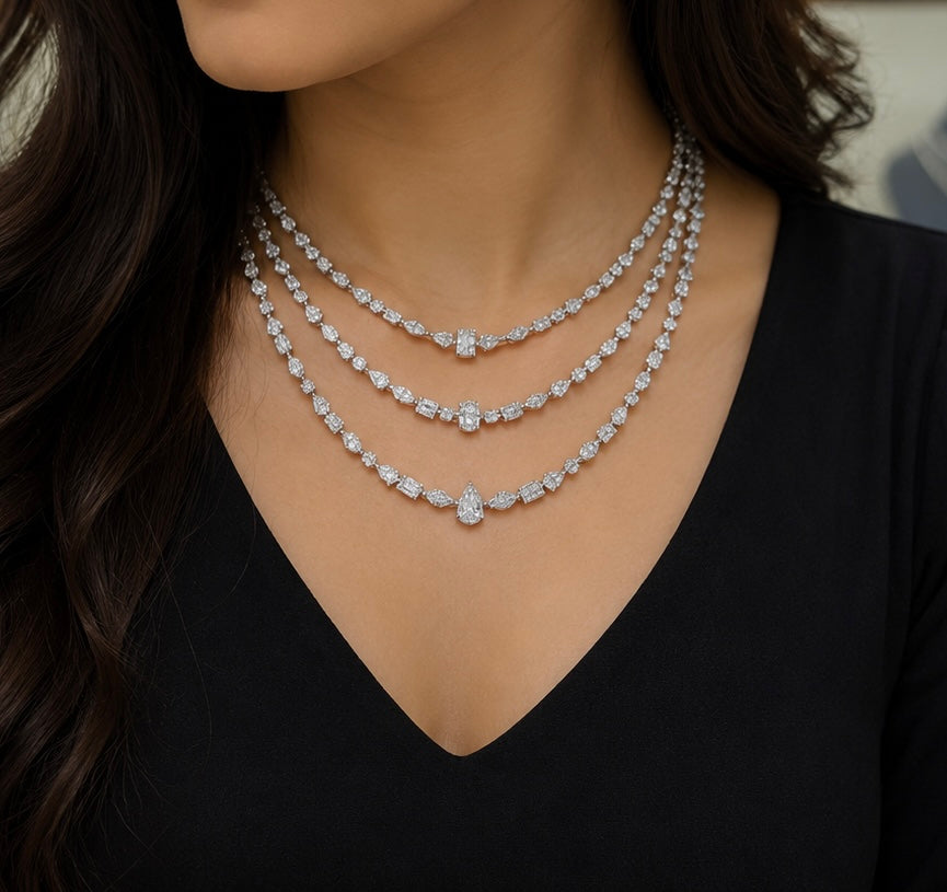 Pear , Emerald & Oval Layered Diamond Necklace (ARJS3591)
