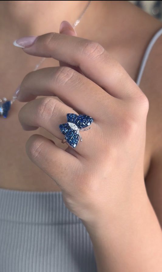 Royal Blue Sapphire Butterfly Ring with Marquise Diamond Centerpiece (ARJS4242)