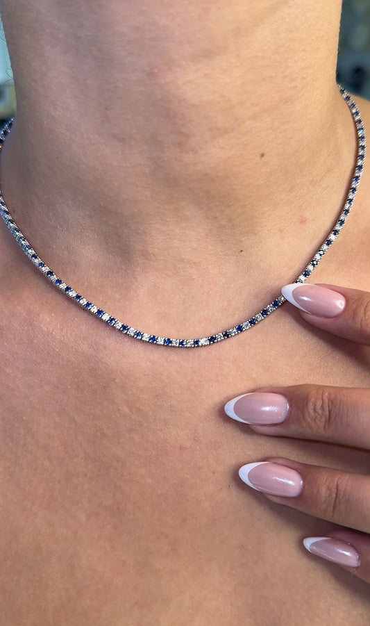 Round Cut Natural Diamond and Sapphire Tennis Necklace (ARJS4147)