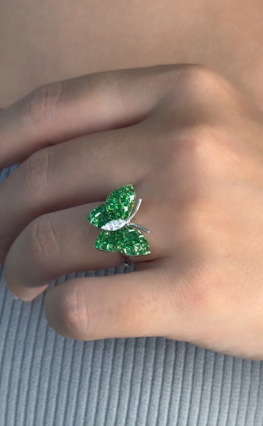 Emerald Green Sapphire Butterfly Ring with Marquise-Cut Diamond Center (ARJS4245)