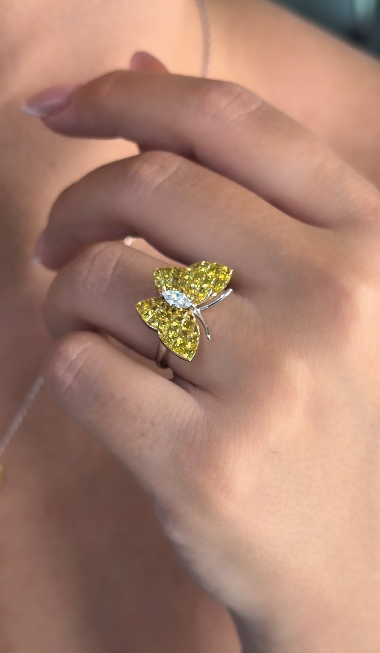 Radiant Yellow Sapphire Butterfly Ring with Marquise-Cut Diamond Center (ARJS4248)