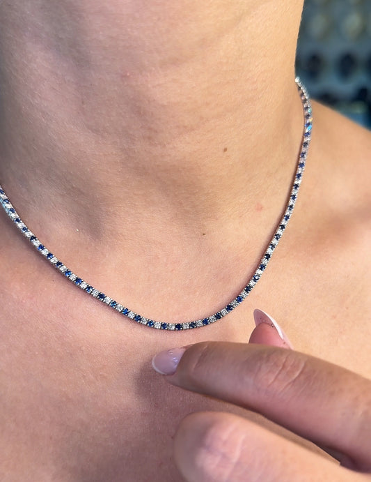 Round Cut Natural Diamond and Sapphire Tennis Necklace (ARJS4147)