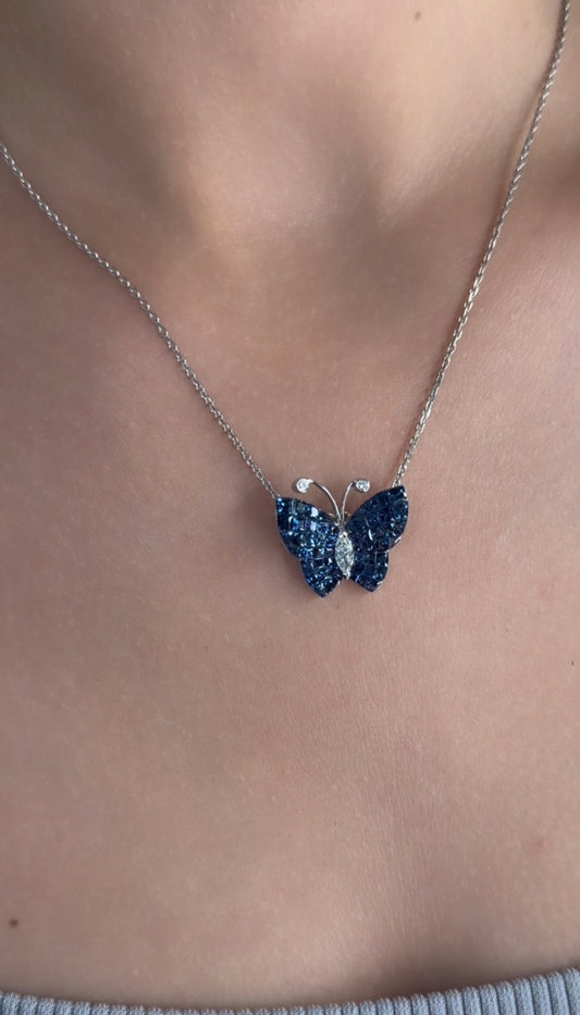Royal Blue Sapphire Butterfly Pendant with Marquise Diamond Centerpiece (ARJS4241)