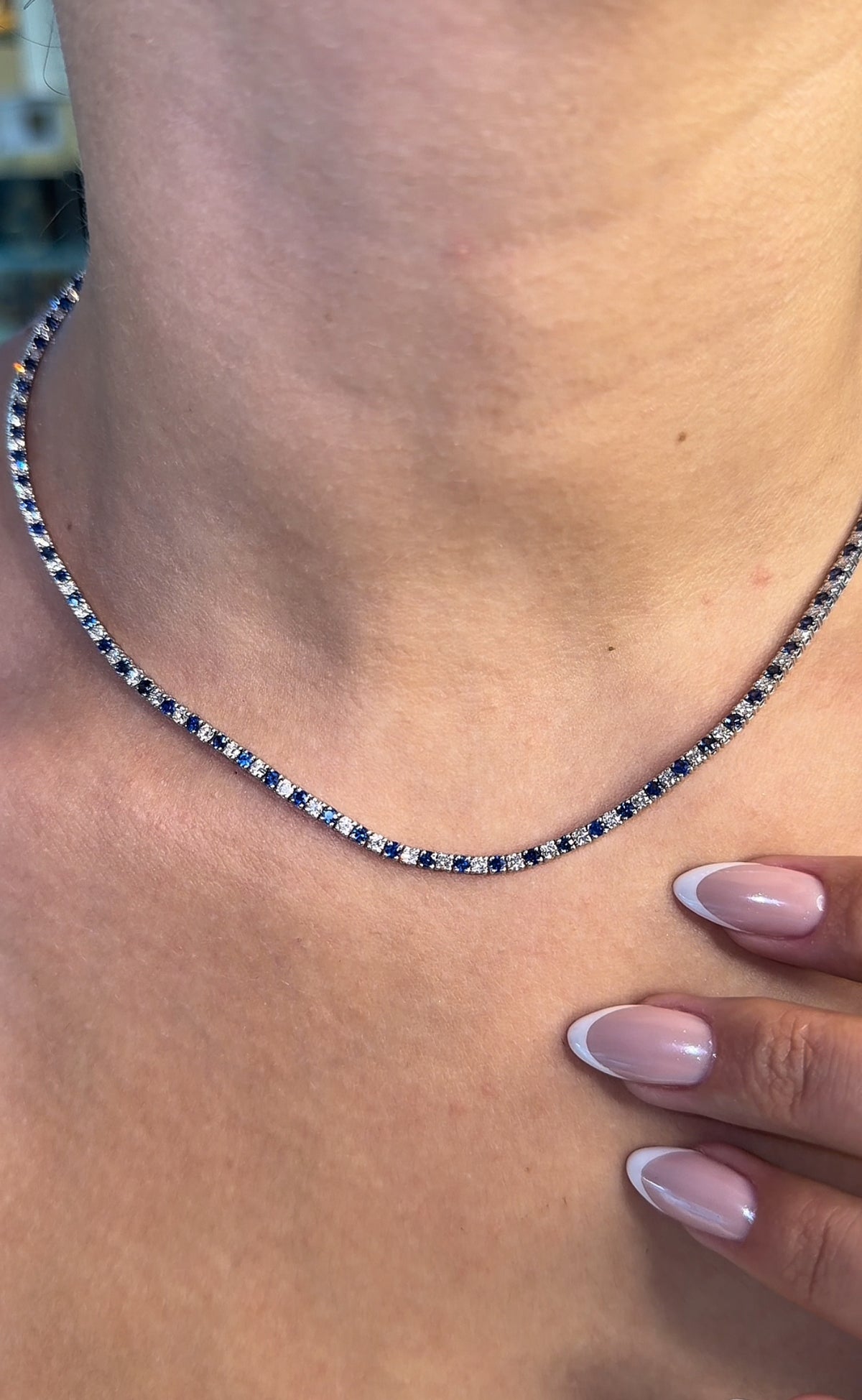Round Cut Natural Diamond and Sapphire Tennis Necklace (ARJS4147)