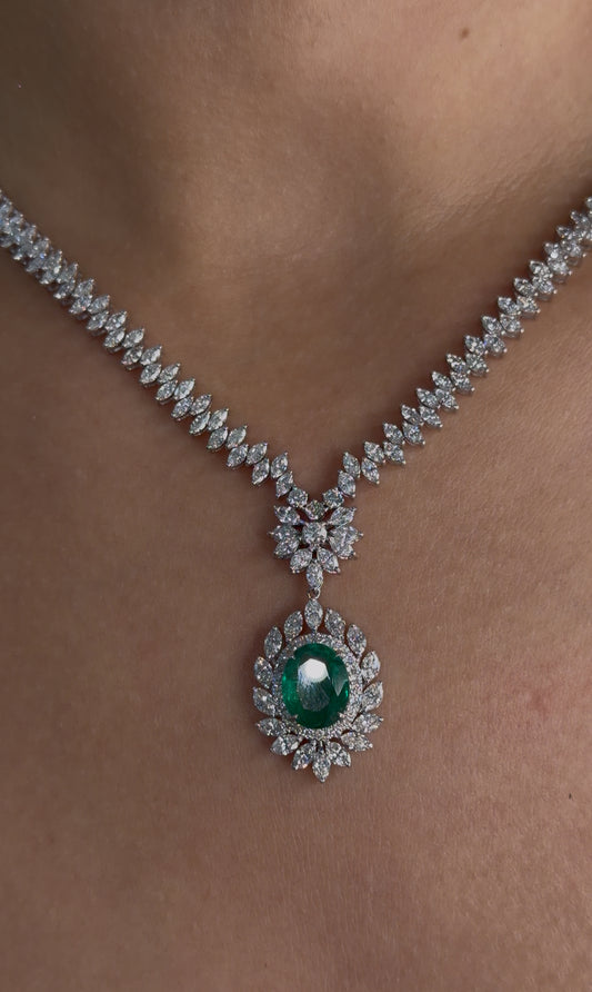Oval Emerald & Marquise Diamond Floral Drop Necklace (ARJS4133)