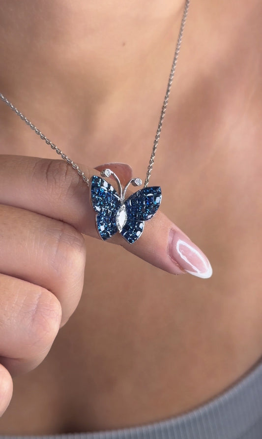 Royal Blue Sapphire Butterfly Pendant with Marquise Diamond Centerpiece (ARJS4241)