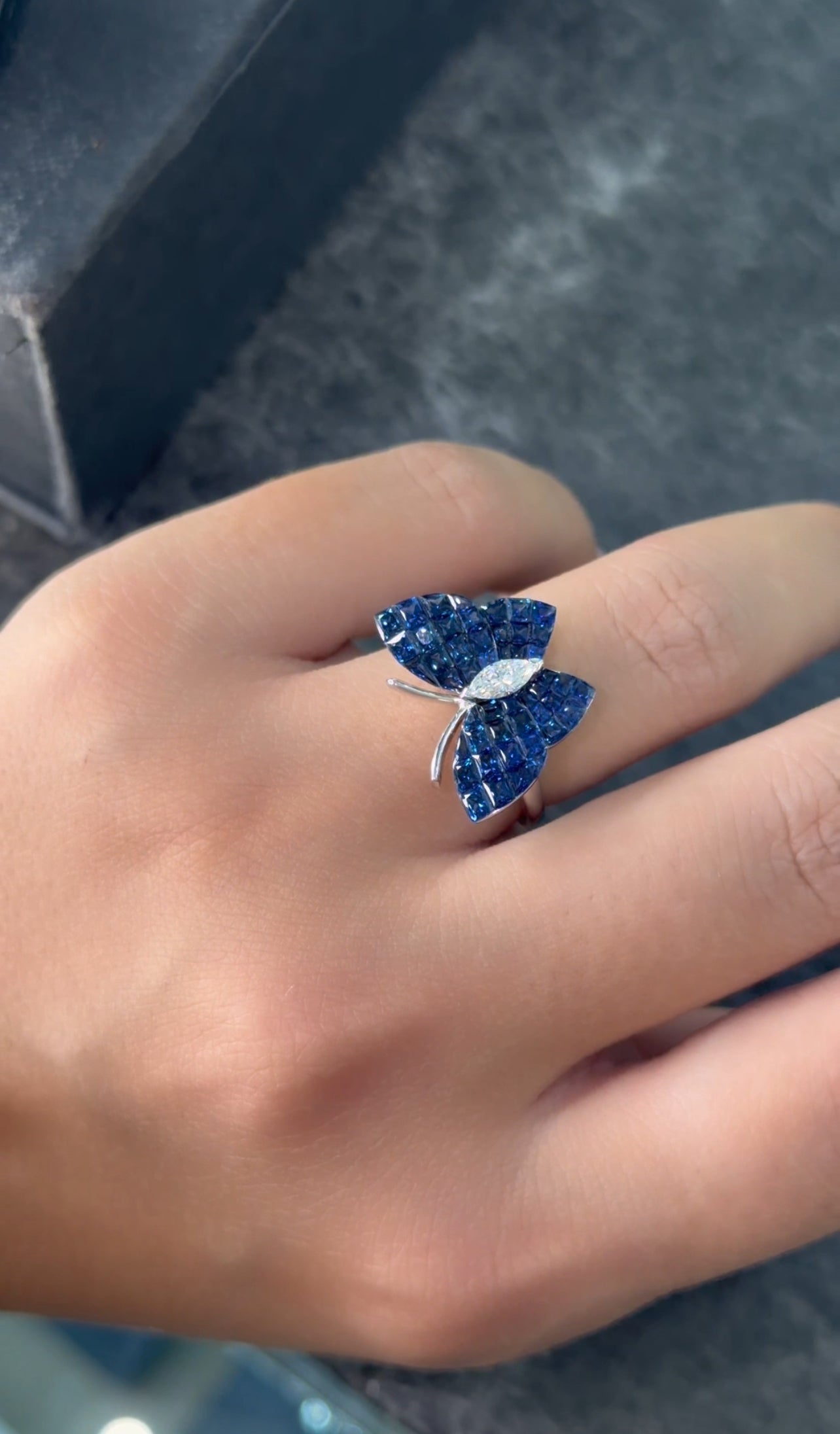 Royal Blue Sapphire Butterfly Ring with Marquise Diamond Centerpiece (ARJS4242)
