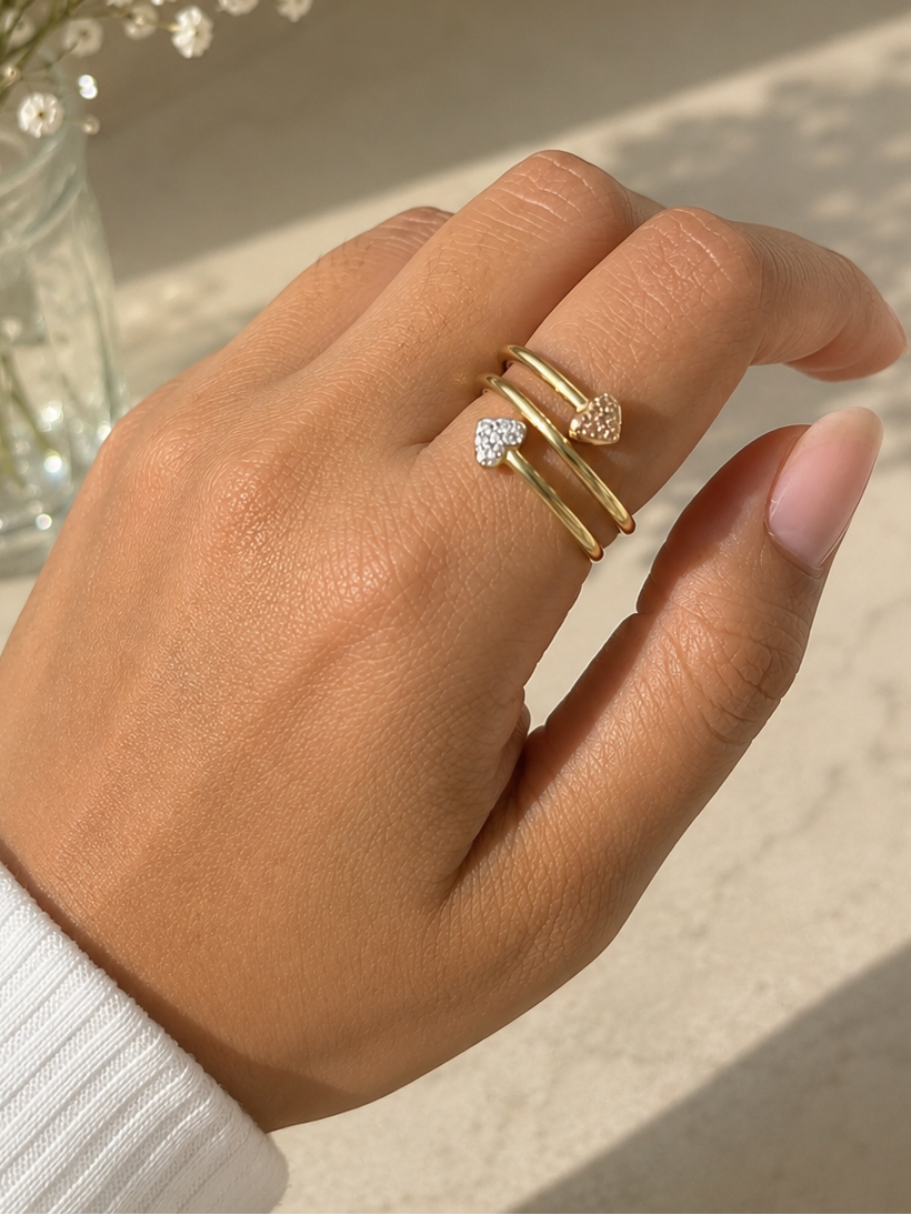 18K Tri-Color Double Heart Wrap Ring (GJEW53)