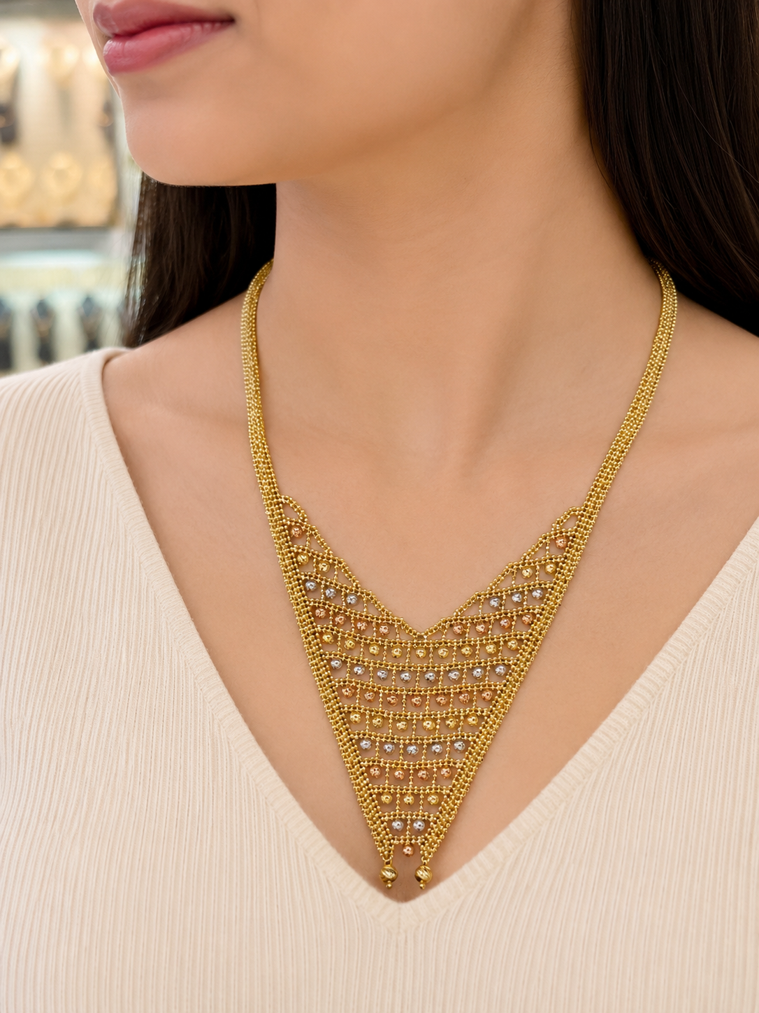 18k Gold Tri-Color Mesh V Necklace (GJEW338)