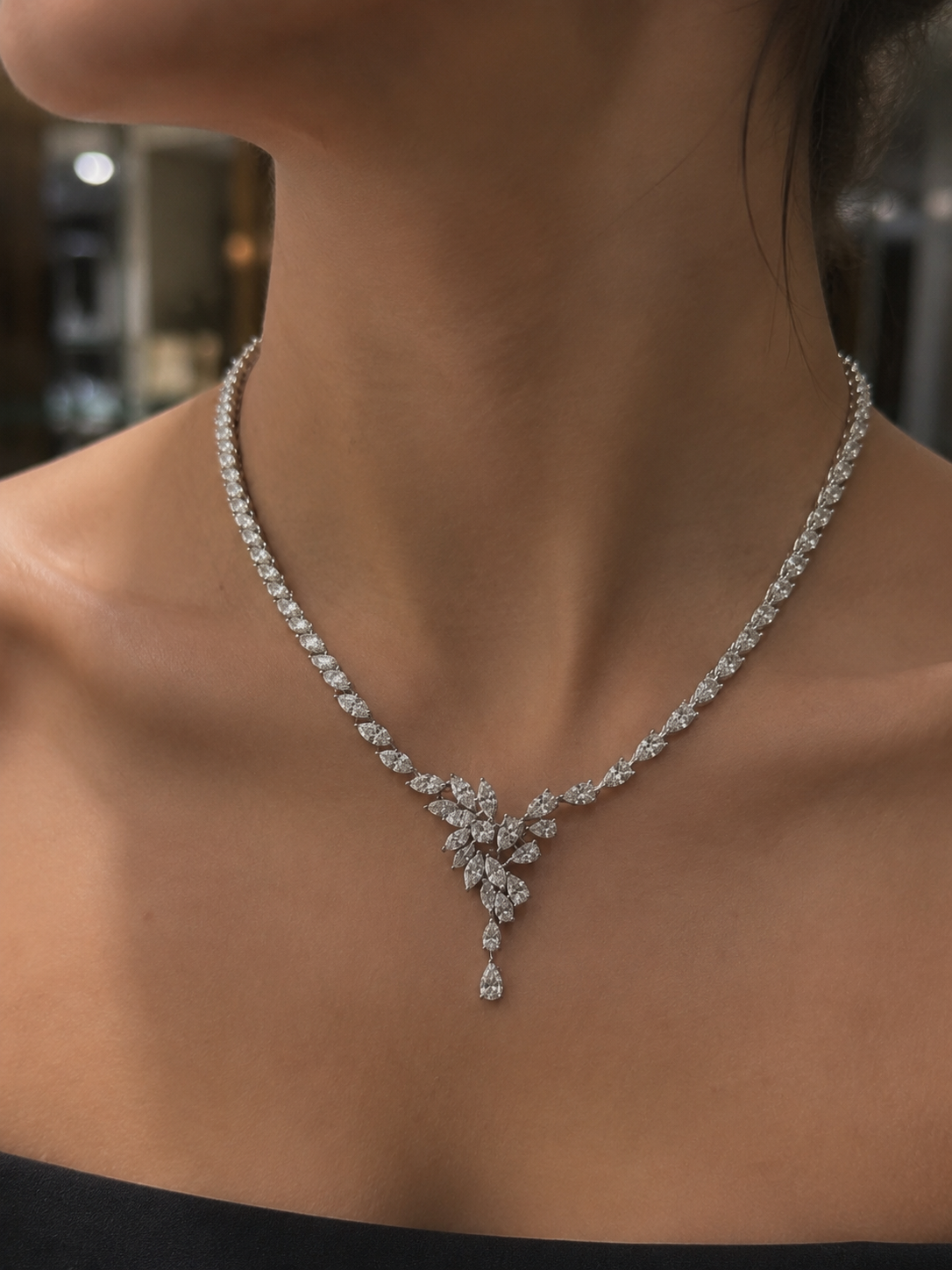 Pear and Marquise Flower Statement Necklace (ARJS4135)