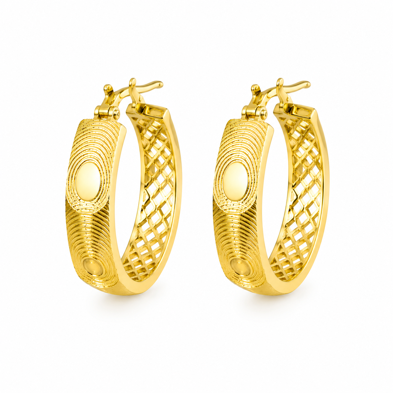 18k Gold Textured  Hoop Earrings – Concentric Circle Design (GJEW277)