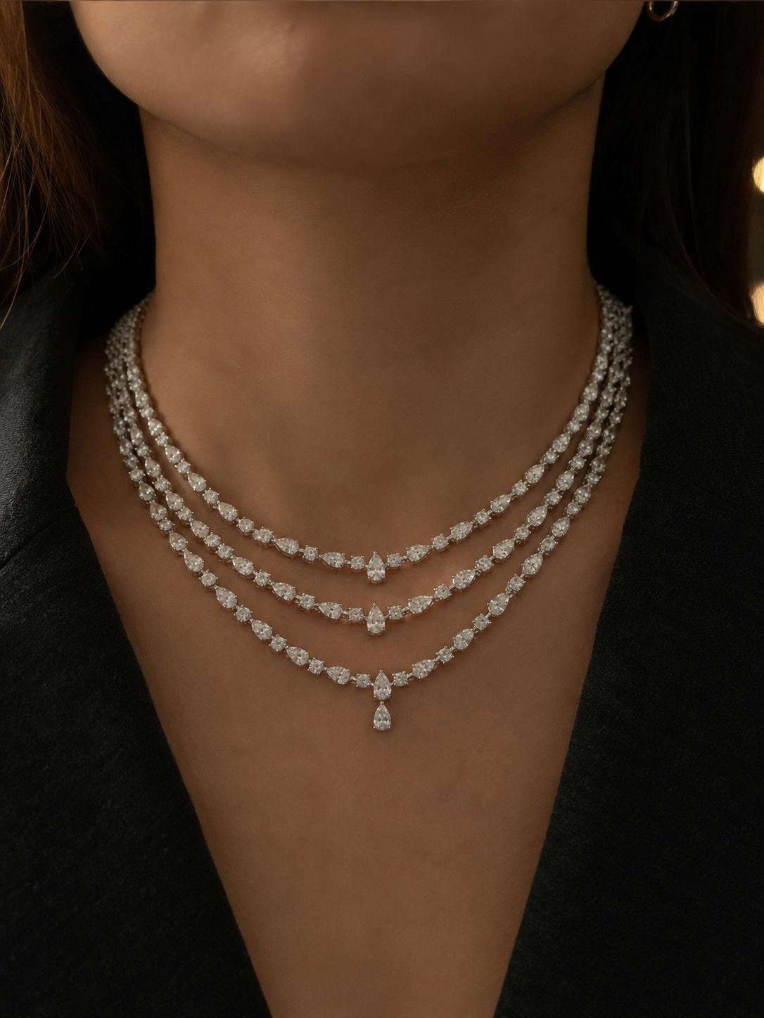 3 Line Pear Diamond Necklace (ARJS3374)